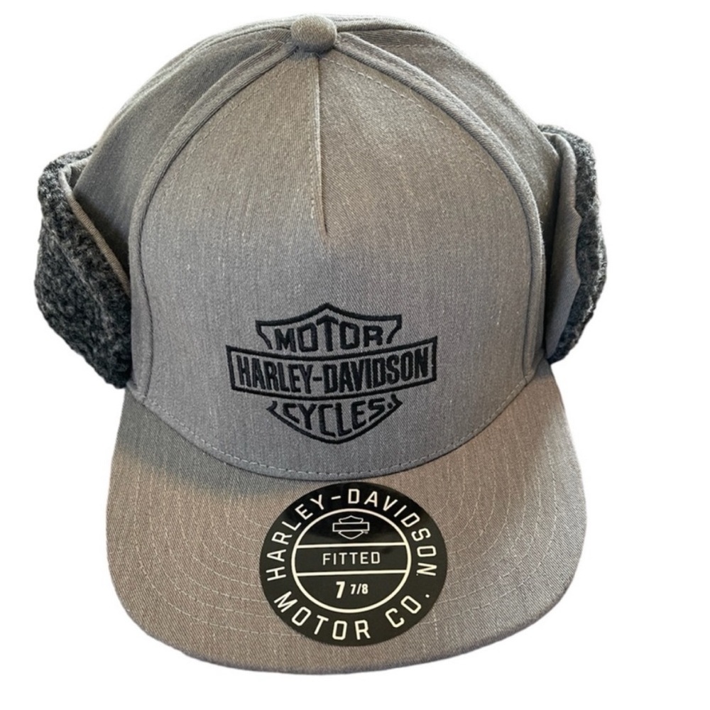 Harley Davidson Woven Hat Winter Cap Mens Heather Gray Logo Ear Flap